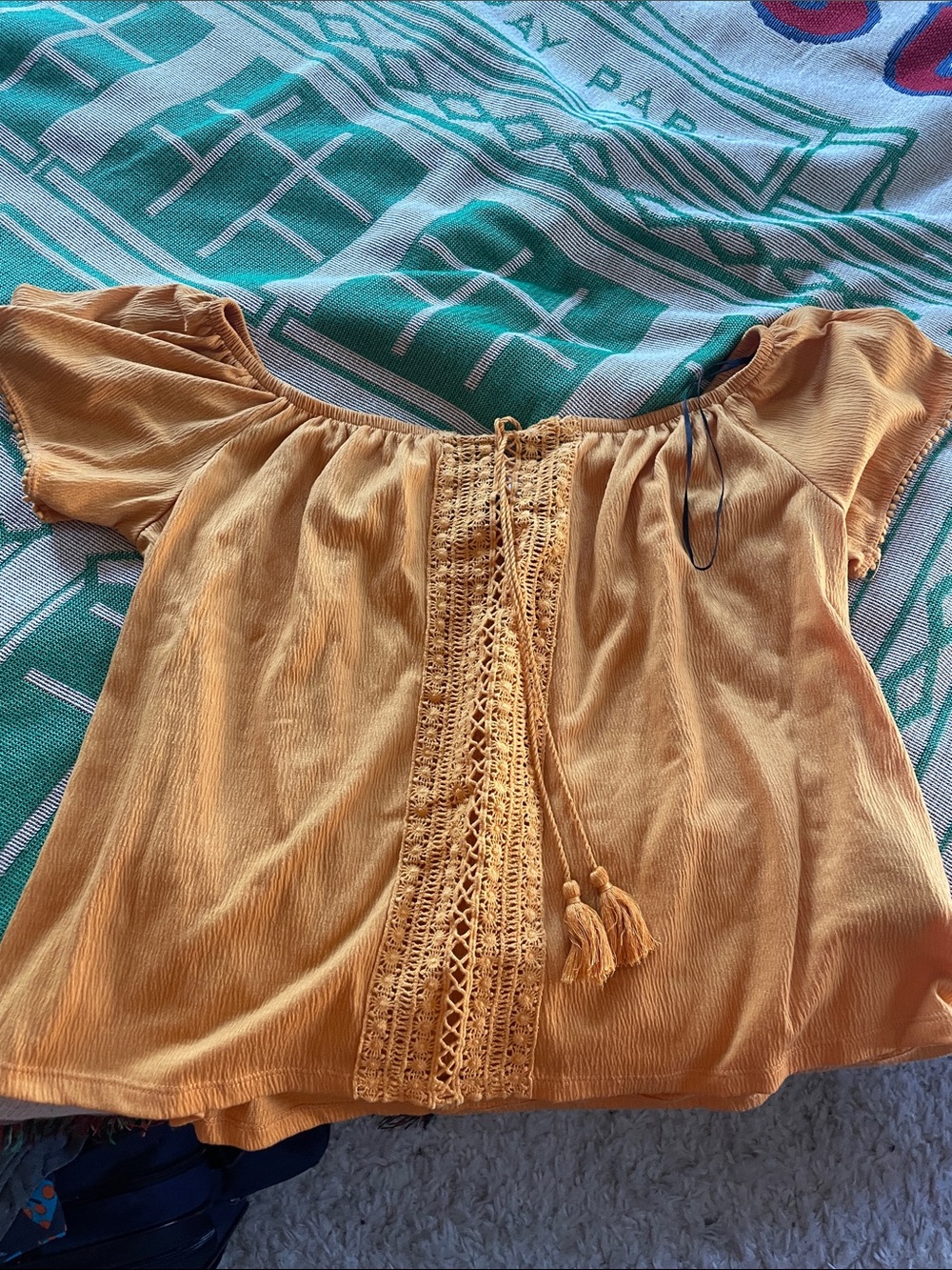 Divided Mustard Off-Shoulder Crochet-Trim Top